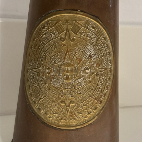 VINTAGE Hammered Copper & Brass Aztec Calendar Pitcher Vase - Picture 2 of 5